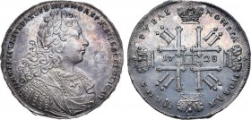 1 рубль 1728 года.

 Серебро. 26,99г. Кадашевский монетный двор. Портрет образца 1728 года. Аверс: "ПЕТРЬ ", без звезды на груди. Уздеников 0686(•)....