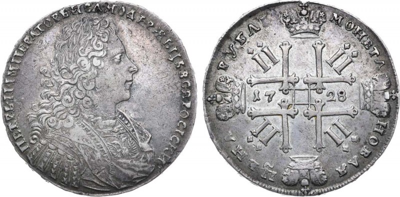 1 рубль 1728 года.

 Серебро. 27,58г. Кадашевский монетный двор. Аверс: без то...