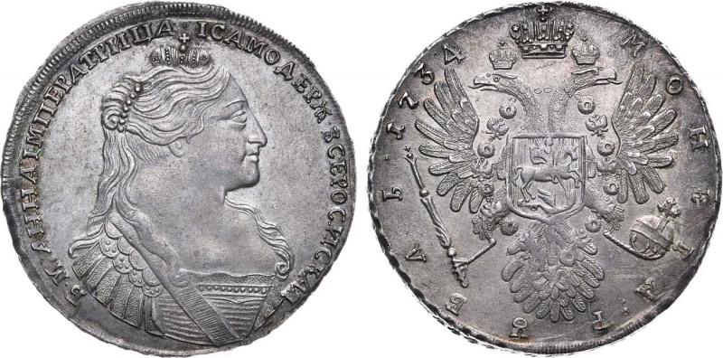 1 рубль 1734 года.

 Серебро. 25,85г. Кадашевский монетный двор. Аверс: портре...