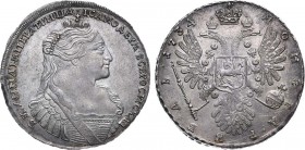 1 рубль 1734 года.

 Серебро. 25,85г. Кадашевский монетный двор. Аверс: портрет образца 1735 года, без кулона на груди, 7 жемчужин в волосах, 10 жем...