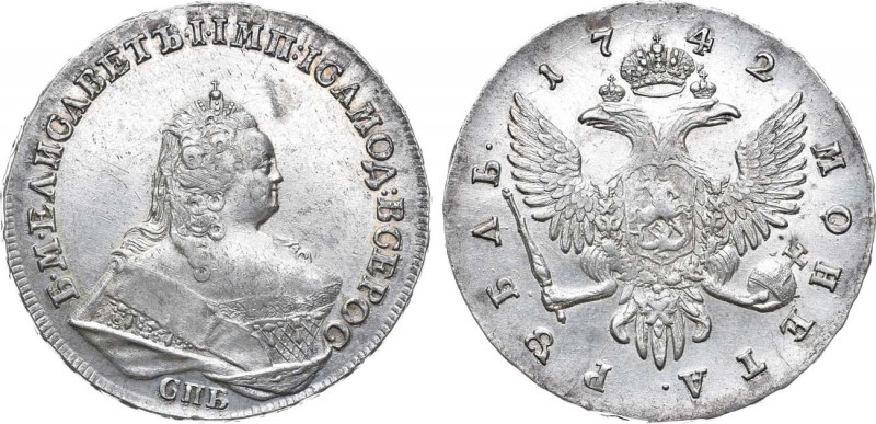 1 рубль 1742 года. СПБ.

 Серебро. 25,80г. Аверс: "СПБ ", "ВСЕРОС ". Отчеканен...