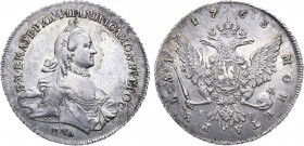 1 рубль 1763 года. ММД-ТI-ЕI.

 Серебро. 23,96г. Перечекан из рубля Петра III. Аверс: "ВСЕРОС: ". Уздеников 0948. Биткин 121(R). 3 рубля по Петрову....