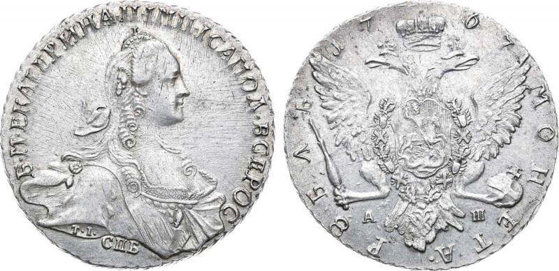 1 рубль 1767 года. СПБ-TI-АШ.

 Серебро. 23,26г. Аверс: портрет грубого чекана...