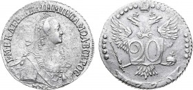 20 копеек 1770 года. ММД.

 Серебро. 4,68г. Красный монетный двор. Уздеников 1037(•). Биткин 157(R2). 1 рубль по Петрову. 8 рублей по Ильину. Дьяков...