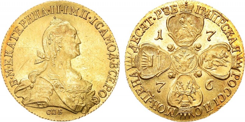 10 рублей 1776 года. СПБ-ТI.

 Золото. 12,94г. Уздеников 0137(•). Биткин 32(R)...