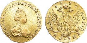 1 рубль 1779 года.

 Золото. 1,10г. Для дворцового обихода. Санкт-Петербургский монетный двор. Аверс: "Ю " в обрезе портрета. Уздеников 4083. Биткин...