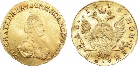 1 рубль 1779 года.

 Золото. 1,18г. Для дворцового обихода. Санкт-Петербургский монетный двор. Аверс: "Ю " в обрезе портрета. Уздеников 4083. Биткин...