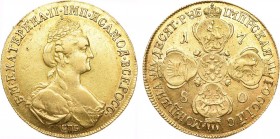10 рублей 1780 года. СПБ.

 Золото. 13,14г. Уздеников 0146(•). Биткин 38(R). 22 рубля по Петрову. 20 рублей по Ильину. Дьяков 124, 401. AU 55. 
 
...