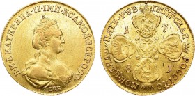 5 рублей 1781 года. СПБ.

 Золото. 6,37г. Уздеников 0149(•). Биткин 79(R). 12 рублей по Петрову. Дьяков 127, 413(R1). AU 55. 
 
 Яркий переливающи...