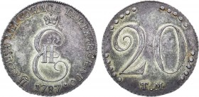 20 копеек 1787 года. ТМ.

 Серебро. 8,59г. Таврический монетный двор. Реверс: "1787• " Уздеников 4348(•). Биткин 1276(R1). 8 рублей по Ильину. Дьяко...