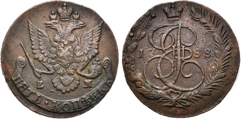 5 копеек 1788 года. ЕМ.

 Медь. 46,61г. Аверс: орёл образца 1780-1787 гг. Реве...