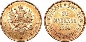 20 марок 1904 года. L.

 Золото. 6,42г. Для Финляндии. Гельсингфорсский монетный двор. Уздеников 4772(–). Биткин 386. Казаков 292(R). MS 61. 
 
 Ш...