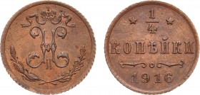 1/4 копейки 1916 года.

 Медь. 0,81г. Уздеников 3965(•). Биткин 282(R1). Казаков 505(R1). Brekke 274, 11(–). MS 63. 
 
 Отборный коллекционный экз...