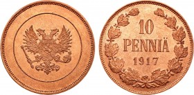 10 пенни 1917 года.

 Медь. 13,02г. Для Финляндии. Гельсингфорсский монетный двор. Временное правительство. На аверсе гербовый орел без корон. Узден...