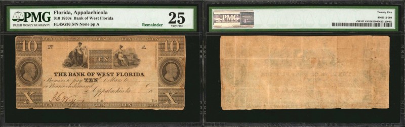 Appalachicola, Florida. Bank of West Florida. 1830s. $10. PMG Very Fine 25. Rema...