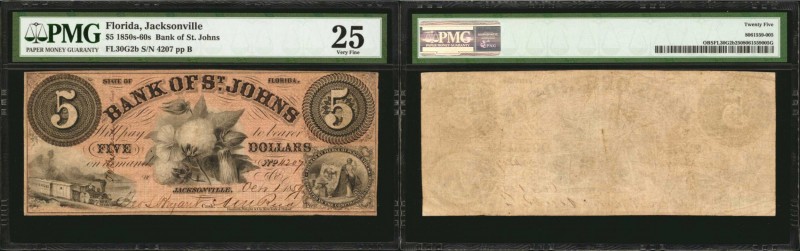 Jacksonville, Florida. Bank of St. Johns. 1850s-60s. $5. PMG Very Fine 25.
Trai...
