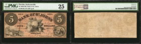 Jacksonville, Florida. Bank of St. Johns. 1850s-60s. $5. PMG Very Fine 25.
Train at lower left with allegorical female at lower right. Pleasing penne...
