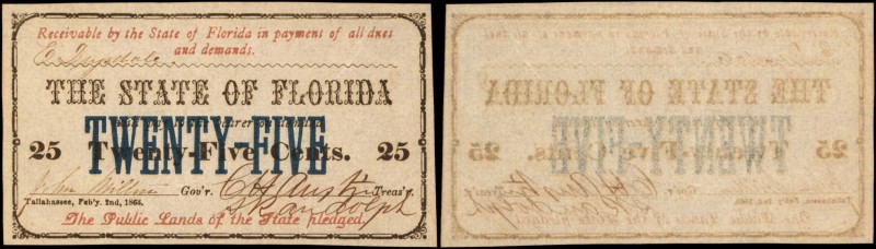 Tallahassee, Florida. State of Florida. February 2, 1863 25 Cents. Extremely Fin...