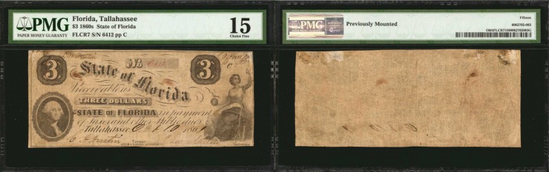 Tallahassee, Florida. State of Florida. 1860s. $3. PMG Choice Fine 15.
PMG comm...