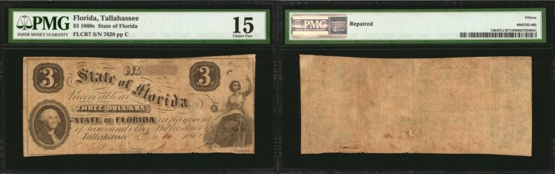 Tallahassee, Florida. State of Florida. 1860s. $3. PMG Choice Fine 15.
Portrait...