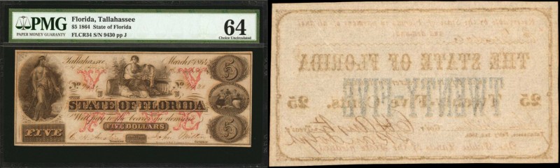 Tallahassee, Florida. State of Florida. 1864. $5. PMG Choice Uncirculated 64.
A...