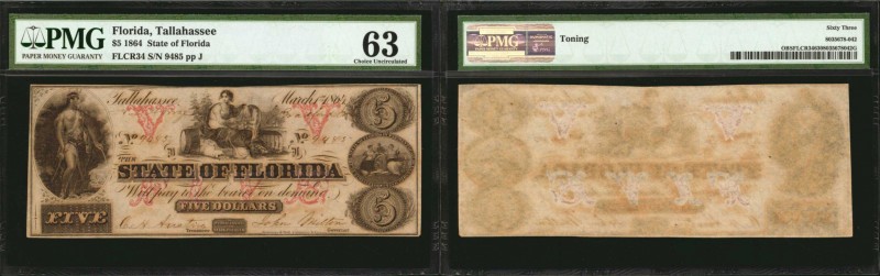 Tallahassee, Florida. State of Florida. 1864. $5. PMG Choice Uncirculated 63.
A...