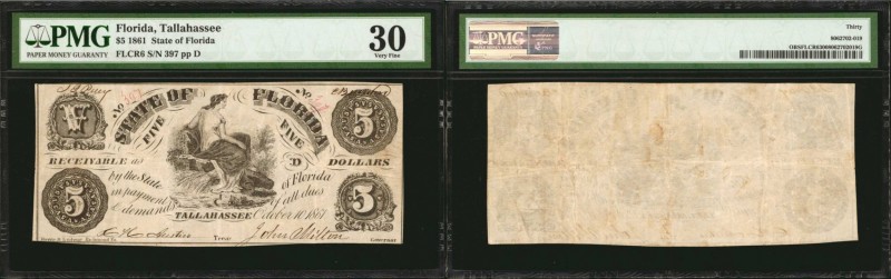 Tallahassee, Florida. State of Florida. 1861. $5. PMG Very Fine 30.
A Very Fine...