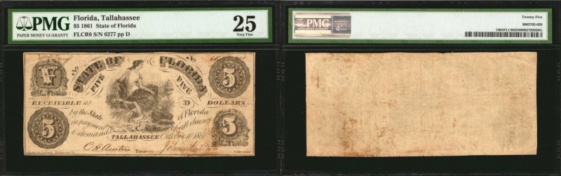 Tallahassee, Florida. State of Florida. 1861. $5. PMG Very Fine 25.
Allegorical...
