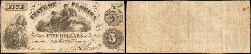 Tallahassee, Florida. State of Florida. 1862. $5. Very Fine.
Allegorical female...