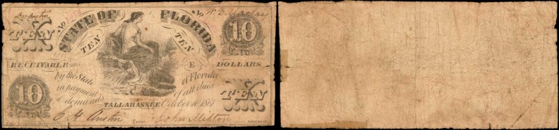 Tallahassee, Florida. State of Florida. 1861 $10. Fine.
Tears, pinholes, tape a...