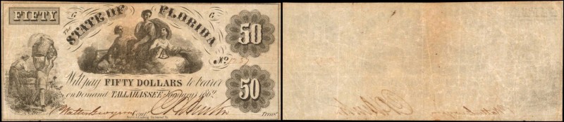 Tallahassee, Florida. State of Florida. 1862. $50. Very Fine.
Bold, penned sign...
