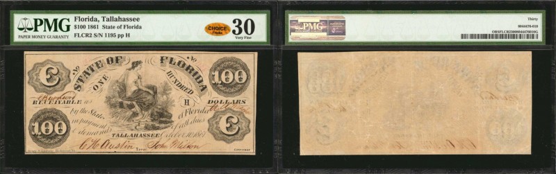 Tallahassee, Florida. State of Florida. 1861 $100. PMG Very Fine 30.
A high den...