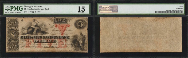 Atlanta, Georgia. Mechanics Savings Bank. 1863. $5. PMG Choice Fine 15.
Ornate ...