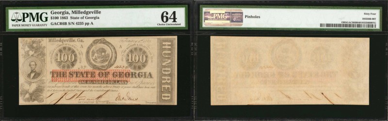 Lot of (5). Milledgeville, Georgia. State of Georgia. 1863. $2, $5 & $100. PMG &...