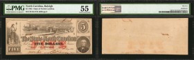 Raleigh, North Carolina. State of North Carolina. 1863 $5. PMG About Uncirculated 55.
Bold penned signatures and serial numbers stand out on this Abo...