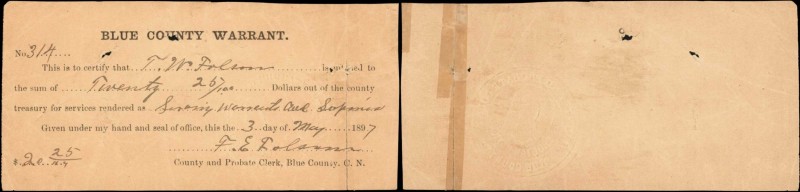 Blue County, Oklahoma. Blue County Warrant. 1897. $20.25. Very Fine.
(Unlisted)...
