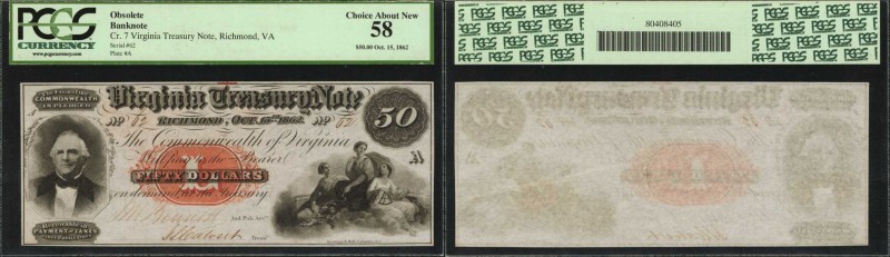 Richmond, Virginia. Virginia Treasury Note. October 15, 1862. $50. PCGS Currency...