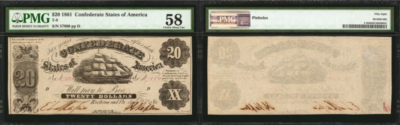 T-9. Confederate Currency. 1861 $20. PMG Choice About Uncirculated 58.
No. 5788...