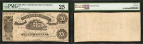 T-9. Confederate Currency. 1861 $20. PMG Very Fine 25.
No. 52172, Plate C. PMG comments "Spindle Holes."
Estimate: $100.00- $150.00