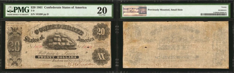 T-9. Confederate Currency. 1861 $20. PMG Very Fine 20.
No. 101690, Plate D. PMG...
