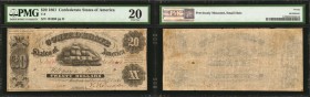 T-9. Confederate Currency. 1861 $20. PMG Very Fine 20.
No. 101690, Plate D. PMG comments "Previously Mounted, Small Hole."
Estimate: $70.00- $90.00