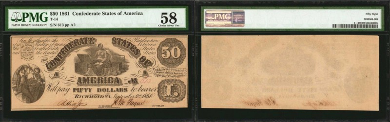 T-14. Confederate Currency. 1861 $50. PMG Choice About Uncirculated 58.
No. 613...