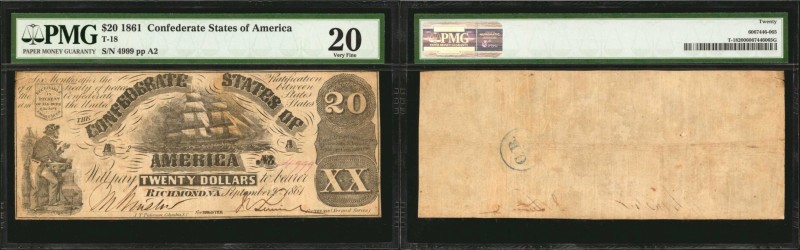 T-18. Confederate Currency. 1861 $20. PMG Very Fine 20.
No. 4999, Plate A2. A V...