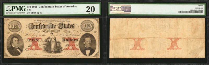 T-26. Confederate Currency. 1861 $10. PMG Very Fine 20.
No. 51468, Plate W. CSA...