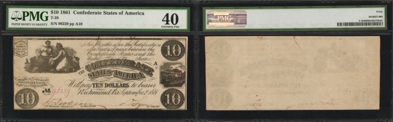 T-28. Confederate Currency. 1861 $10. PMG Extremely Fine 40.
No. 96229, Plate A...