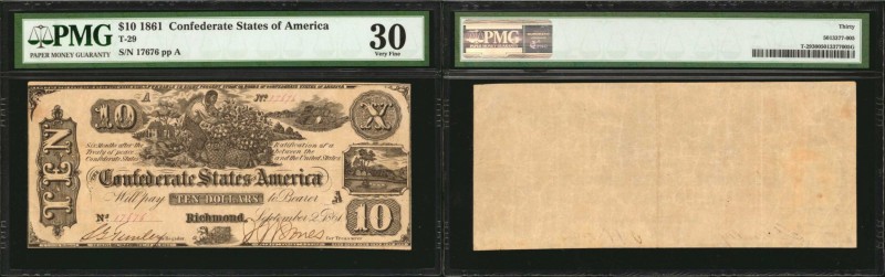 T-29. Confederate Currency. 1861 $10. PMG Very Fine 30.
No. 17676, Plate A. Pro...