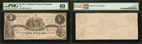 T-36. Confederate Currency. 1861 $5. PMG Extremely Fine 40.
No. 198197, Plate 15A. A mid-grade example of this 1861 CSA $5. PMG comments "Hammer Cut ...