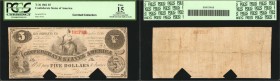 T-36. Confederate Currency. 1861 $5. PCGS Currency Fine 15 Apparent. Cut-out Cancelled, Small Internal Split at Left.
No. 29134, Plate 14A. PCGS Curr...