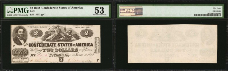 T-42. Confederate Currency. 1862 $2. PMG About Uncirculated 53.
No. 12972, Plat...