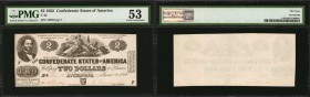 T-42. Confederate Currency. 1862 $2. PMG About Uncirculated 53.
No. 12972, Plate 7. An 1862 $2 note produced by Columbia, South Carolina based Blanto...